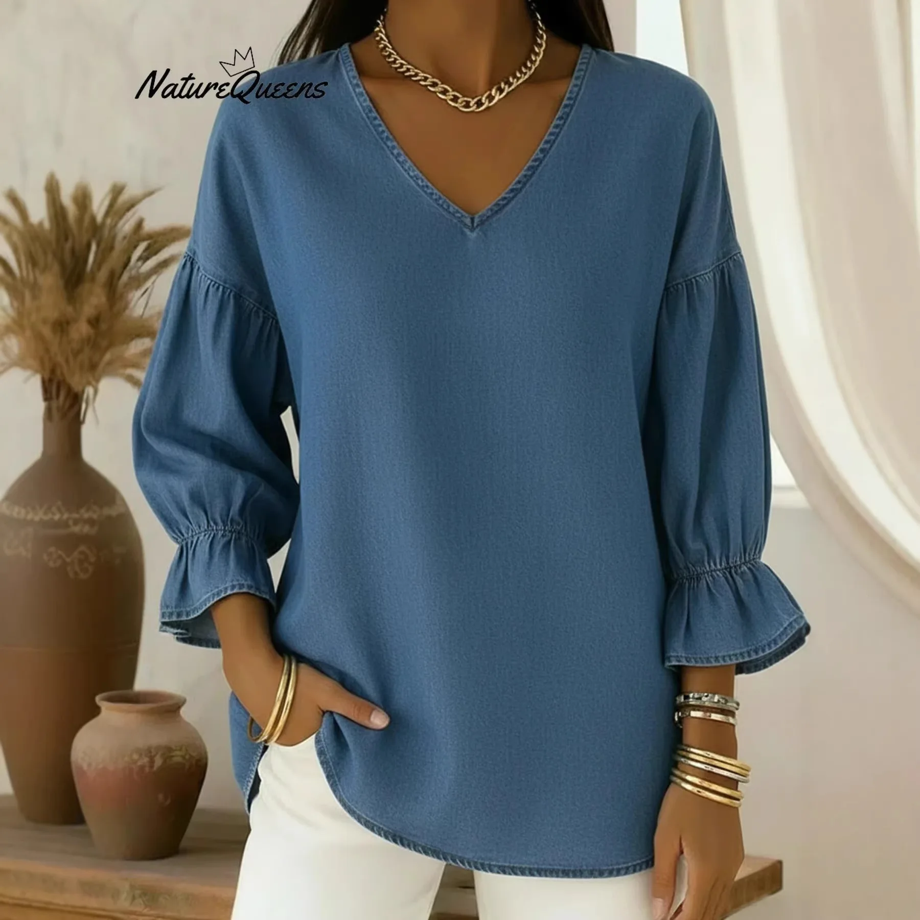 

Рубашка-поло из имитации денима с рукавом-фонариком, однотонная, повседневная, свободного кроя, с рукавом три четверти, в стиле ретро, удобная, коллекция 2026