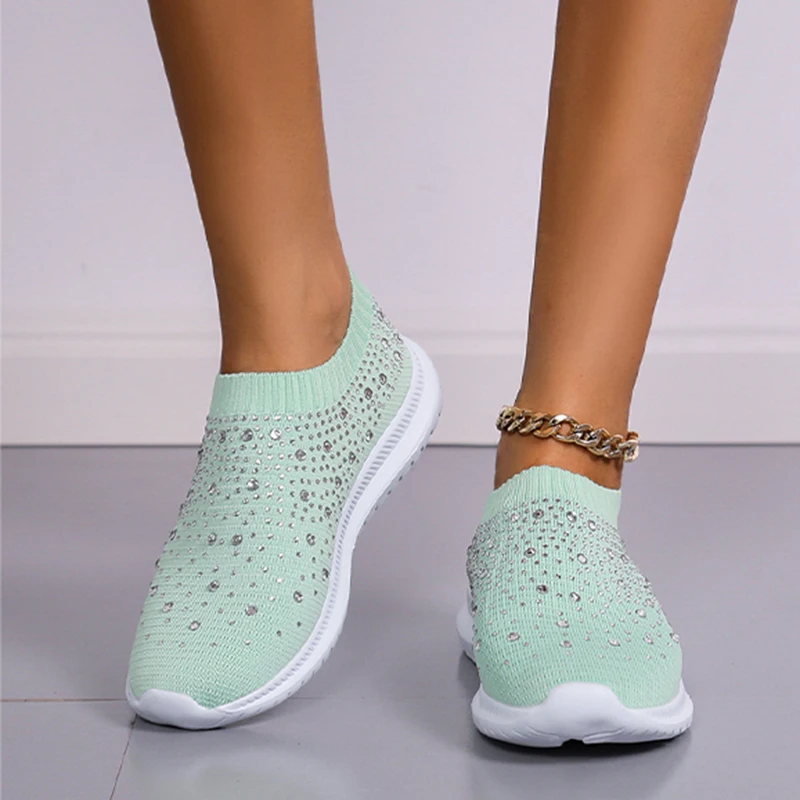 Crystal Sneakers Spring Summer Fashion Breathable Mesh Slip On Flat Shoes For Women 2023 Outdoor Walking Loafers Zapatos Mujer