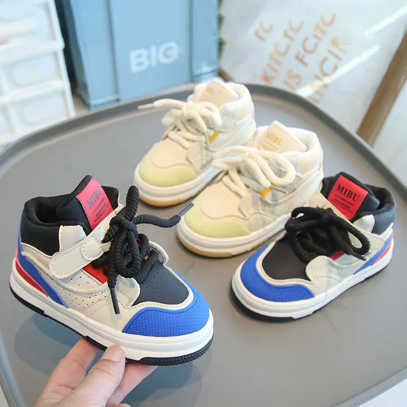 

Children Spring Autumn Sport Shoes Boys Casual Board Shoes Girls Color Blocked High Top Baby Front Lacing Soft Soled White Shoes