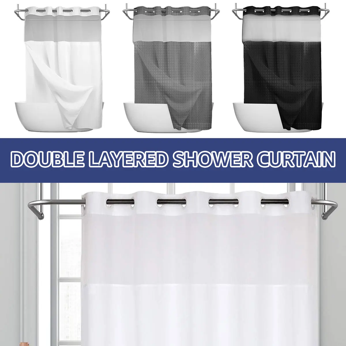 Waterproof Bathroom Curtains with Snap-in Liner Washable Bath Curtains Decorative Hook Free Shower Curtain for Home Dorm Hotel