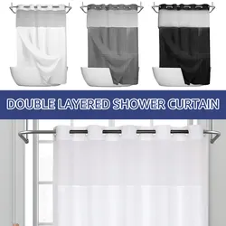 Waterproof Bathroom Curtains with Snap-in Liner Washable Bath Curtains Decorative Hook Free Shower Curtain for Home Dorm Hotel