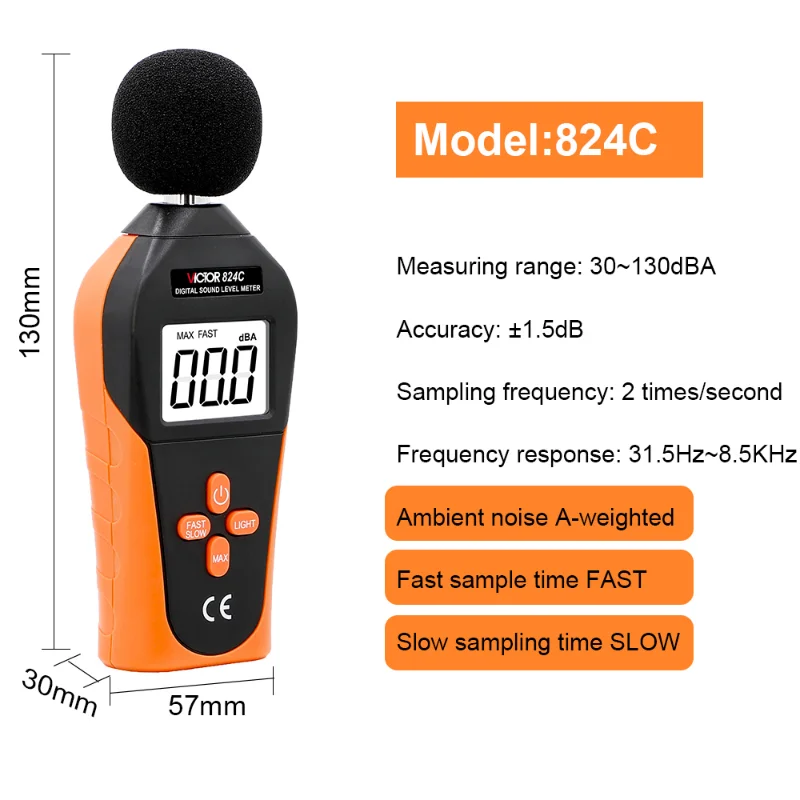 Victor 824 Digital Sound Level Meter Decibel Monitor 31.5- 8500 Hz Fast Noise Measuring Instrument DB Tester 30~130dB Mini Audio