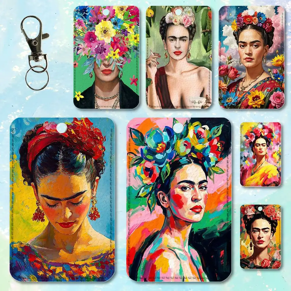 F-Frida K-Kahlos Painting Art Premium PU Leather Card for Daily Use Holder Card Case with Metal Carabiner Customizable Design