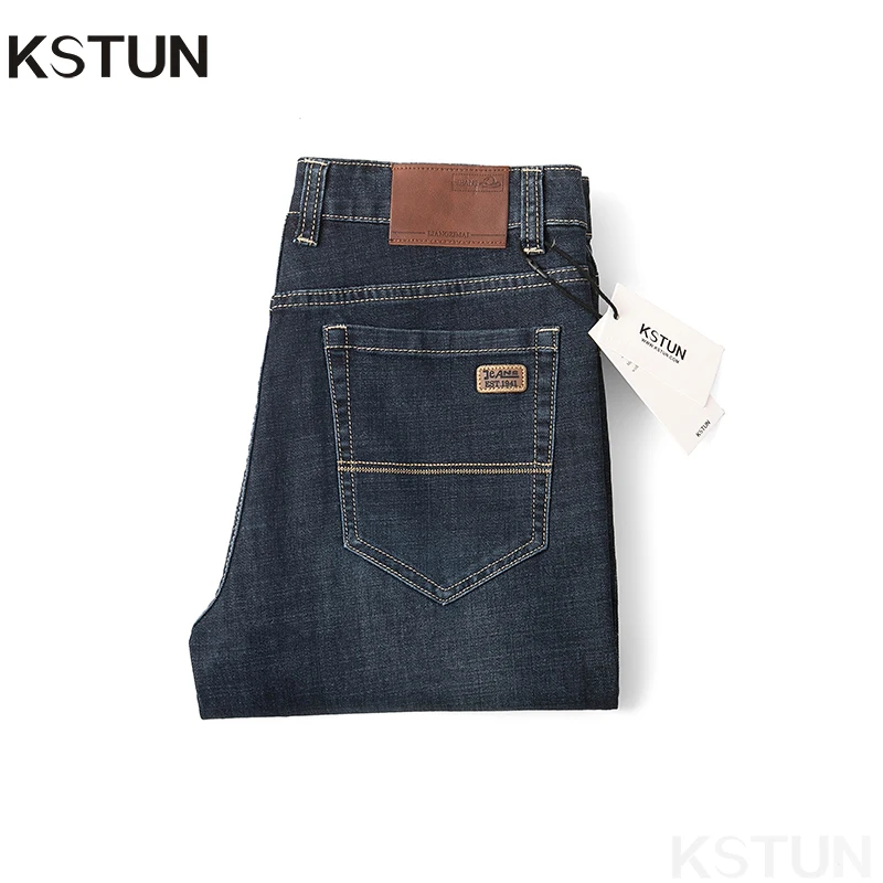 KSTUN Dark Blue Jeans Men Business Casual Denim Pants Straight Cut Classic Jeans Man Full Length Trousers Men's Clothing Autumn