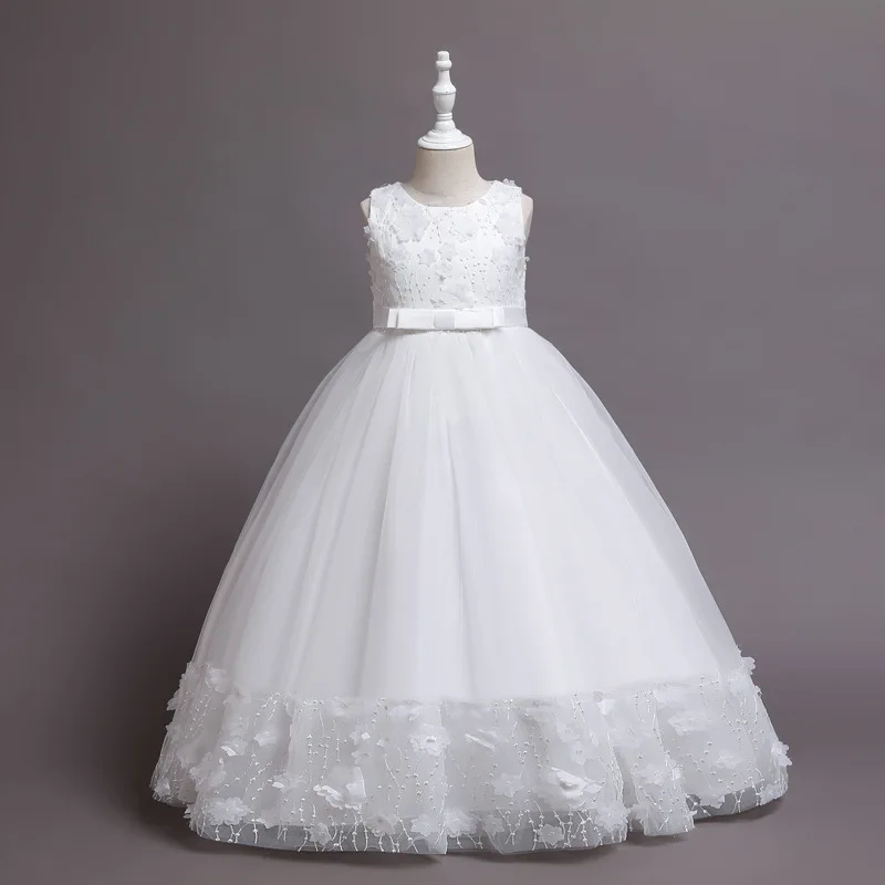 

Girl Festive Occasion Kid Sleeveless Embroidered Bodice Tulle Ball Gown Dress Fluffy Skirt Lace Trim Children Elegant Dress
