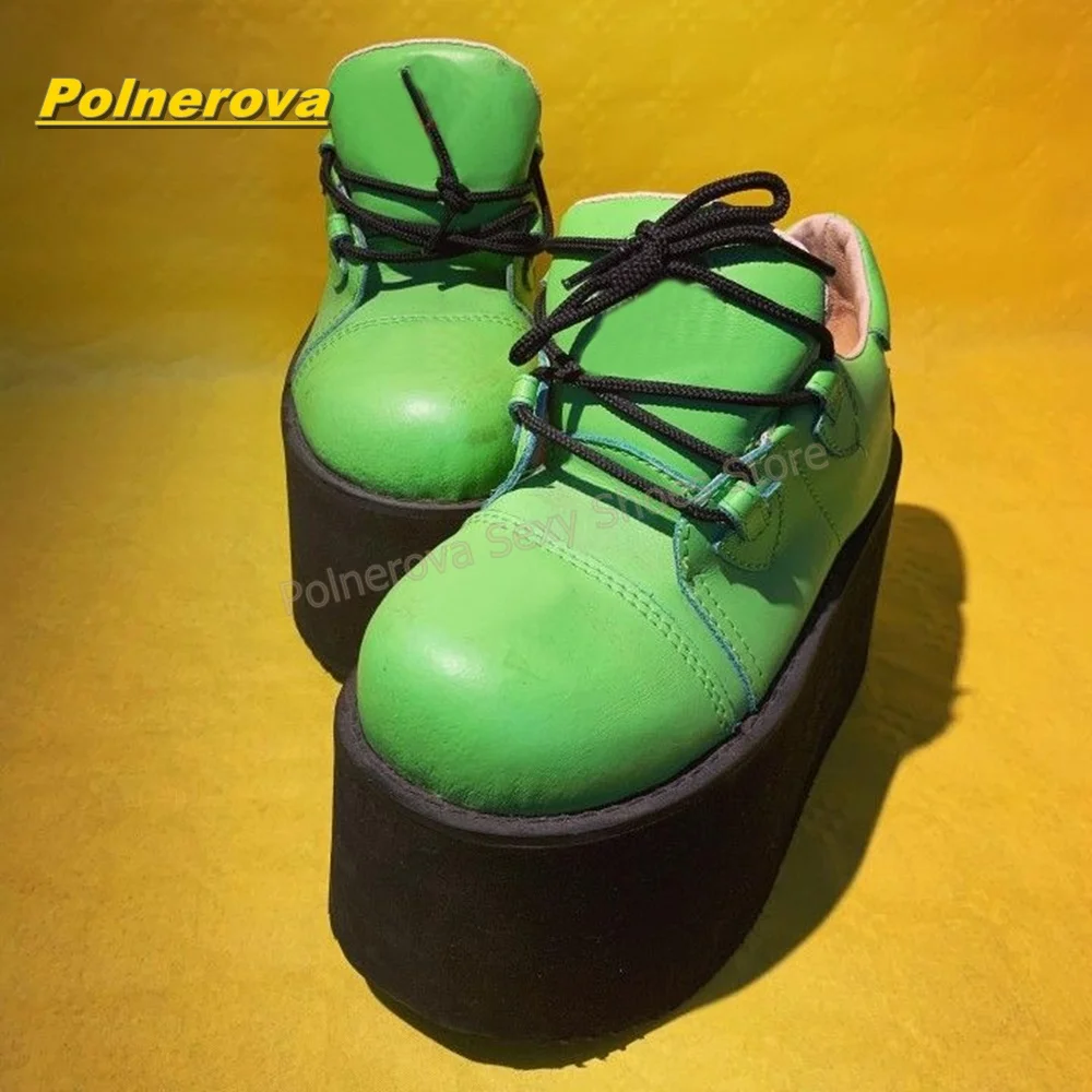 Y2K Punk Women Neon Green Platform Pumps Round Toe Lace Up Super Chunky Sole Street Style Shoes 2026 Summer New Arrivals Trend