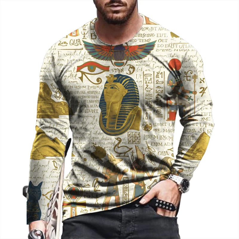 Ancient Egyptian 3D Print Autumn Men\'s O-Neck T-shirt Casual Long Sleeve Oversized Pullover Fashion Tops Streetwear Men Clothing