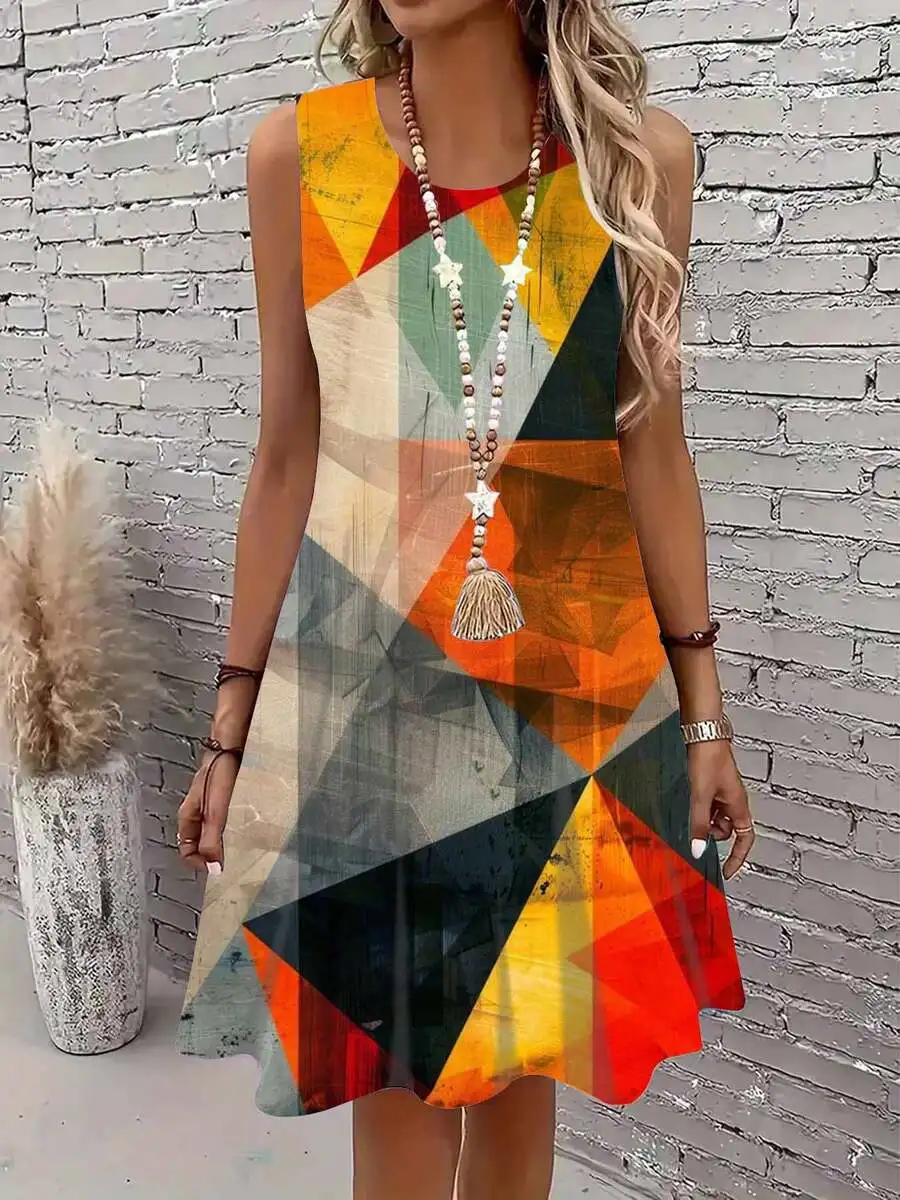 

Colorful Geometric Print Sleeveless Dress Flowy Casual A-Line Dress For Women