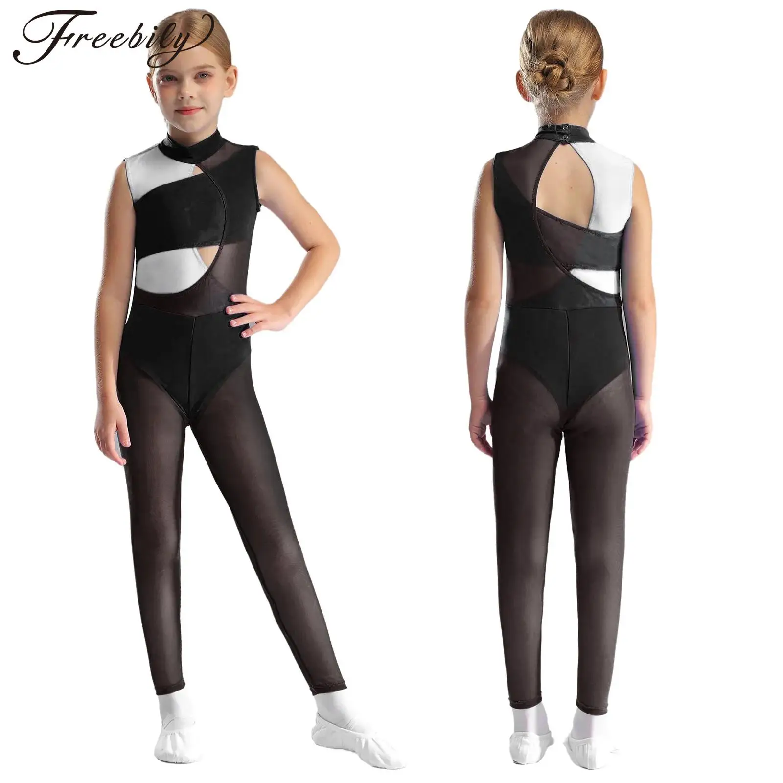 Kids Girls Ballet Dance Gymnastics Leotard Sleeveless Cutout Sheer Mesh Jumpsuit Figure Skating Acrobatics Yoga Workout Bodysuit