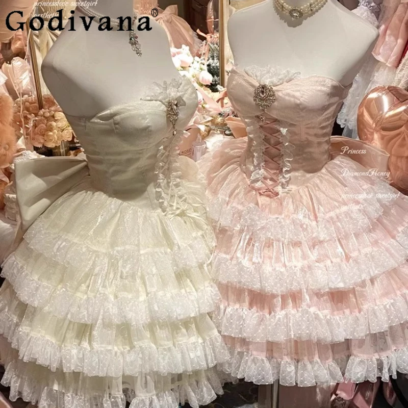 

Lolita Style Mini Dress for Women Princess Daughter Romantic Ceremony Date Dress Girls Summer Pink White Sweet Cute Dress