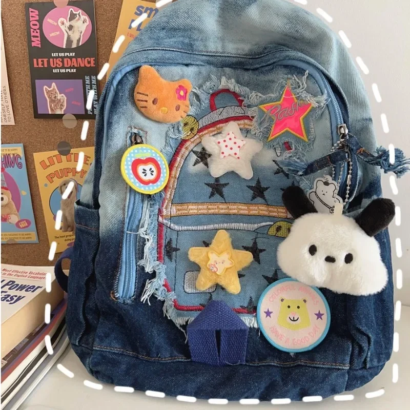 MBTI Vintage Hello Kitty Womens Backpack Denim Patchwork Cute Y2k Fashion University Backpack Harajuku Cartoon Female New Bag