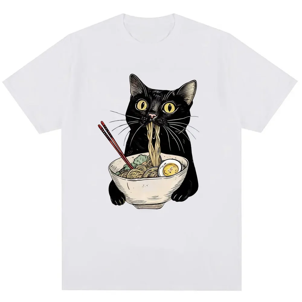

Забавная футболка с рисунком Noodle Ramen Black Cat, модная мужская и женская популярная хлопковая футболка большого размера с коротким рукавом Y2K, уличная одежда