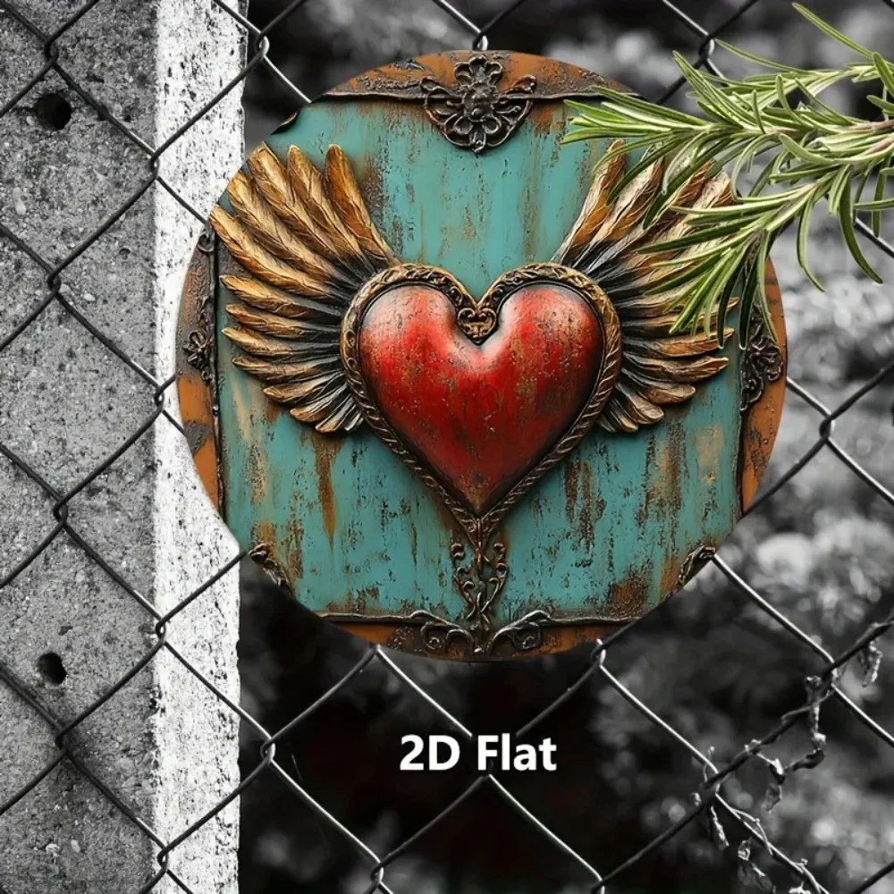 Vintage-Wandkunst aus Metall, rustikales Blechschild mit Herzflügel, langlebige Garten- und Heimdekoration aus Eisen in Blau und Gold