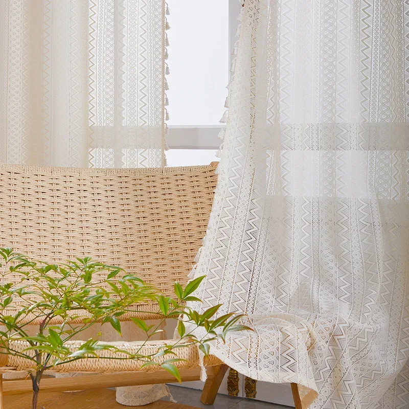Rideaux transparents pour salon et balcon, écrans de séparation de fenêtres en coton-lin à motifs géométriques ondulés, produits finis en gros.