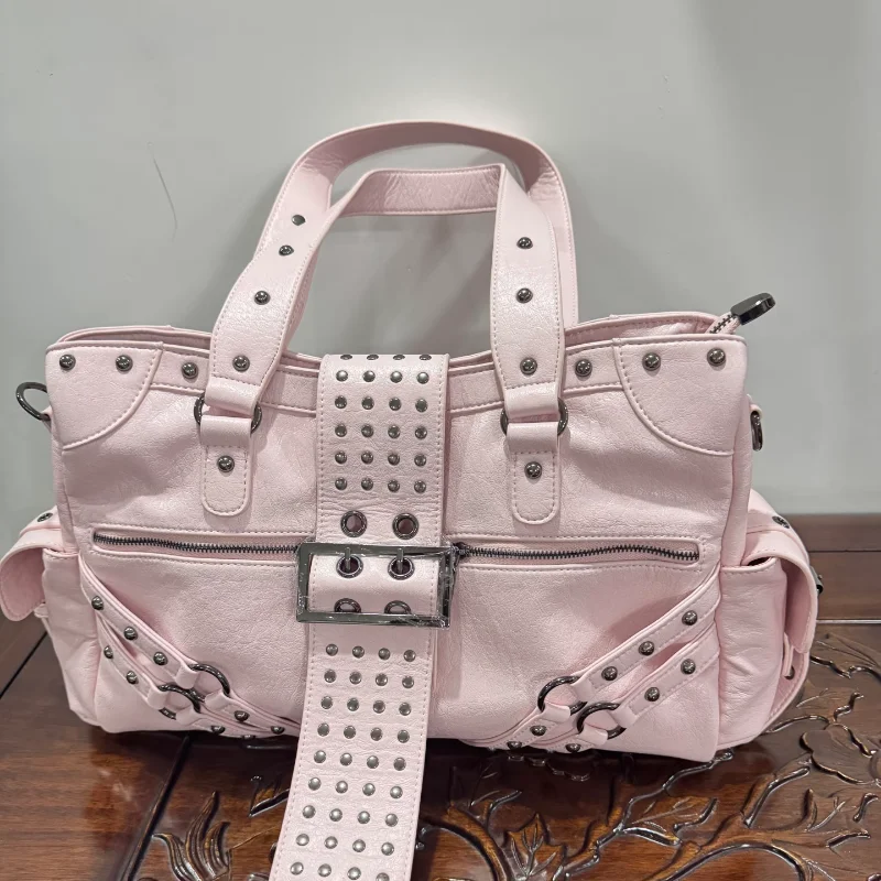 

Soft Faux Leather Pink Rivet Tote Bag, Large Capacity Y2K Punk Motorcycle Handbag, Streetwear Underarm Satchel For Women Daily