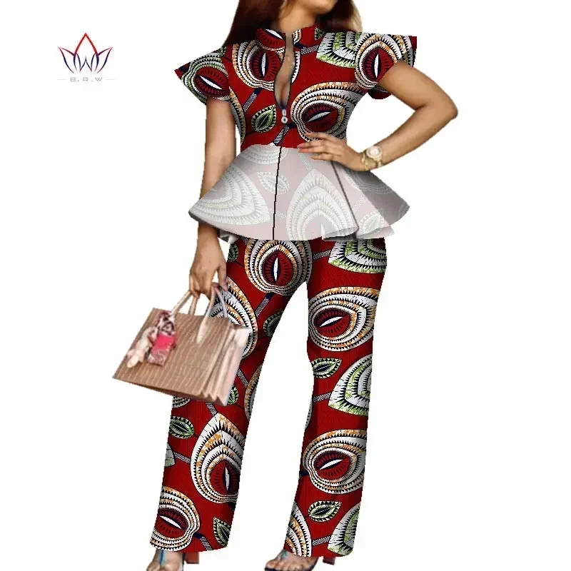 BRW Cotton Africa Style Sets Suits for Women 2 Piece Zipper Tops and Pants Dashiki African Women Clothing Party Clothes WY7591