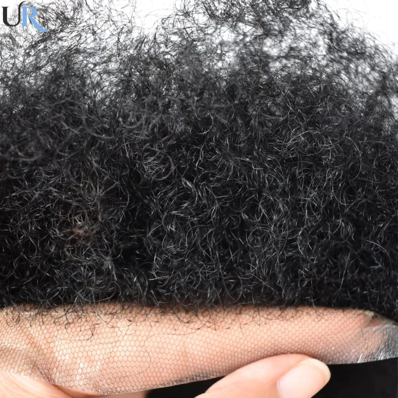 Curly Full Lace Toupee Para Homens, Unidade de Sistemas, Peruca Base Francesa, Cabelo Masculino Respirável, Prótese Capilar, 4mm, Afro