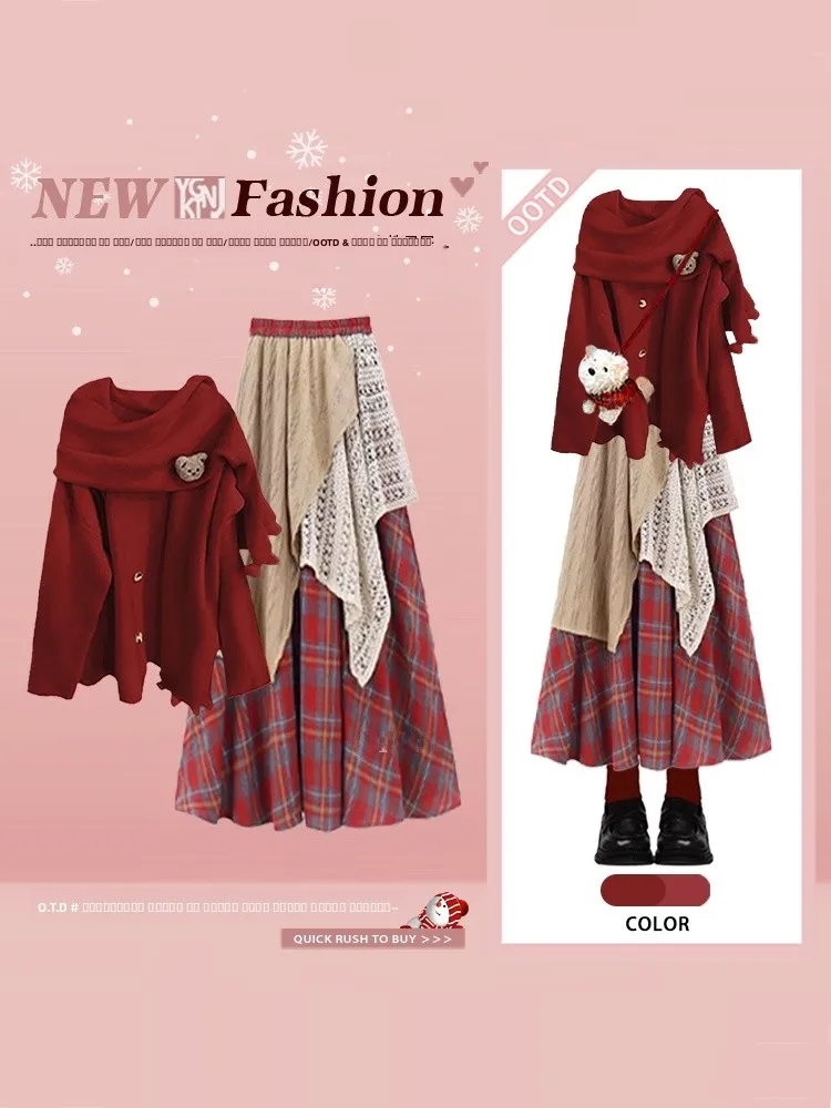 

Retro Patchwork Sle Asymmetrical Cloak Sweater Skirt Two-Piece Set plus Size Winter Ele Whole Ensemble Matching