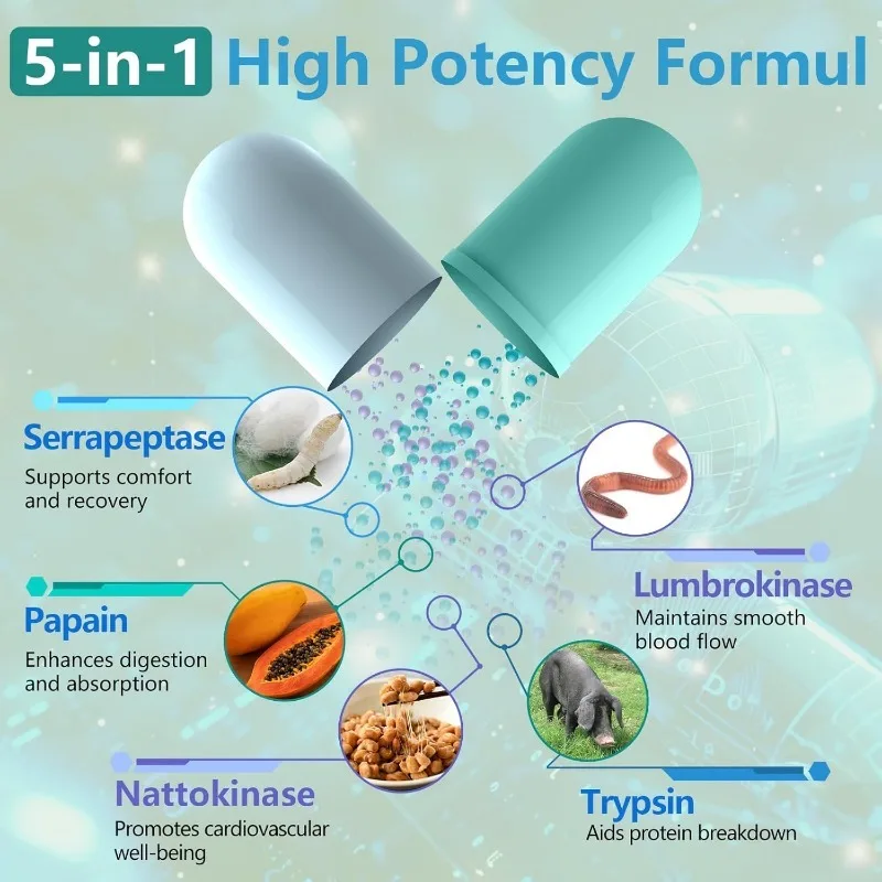 

5-in-1 Serine Protease Supplement, Supports Sinus , Non Gmo, Gluten Free, 60 Capsules