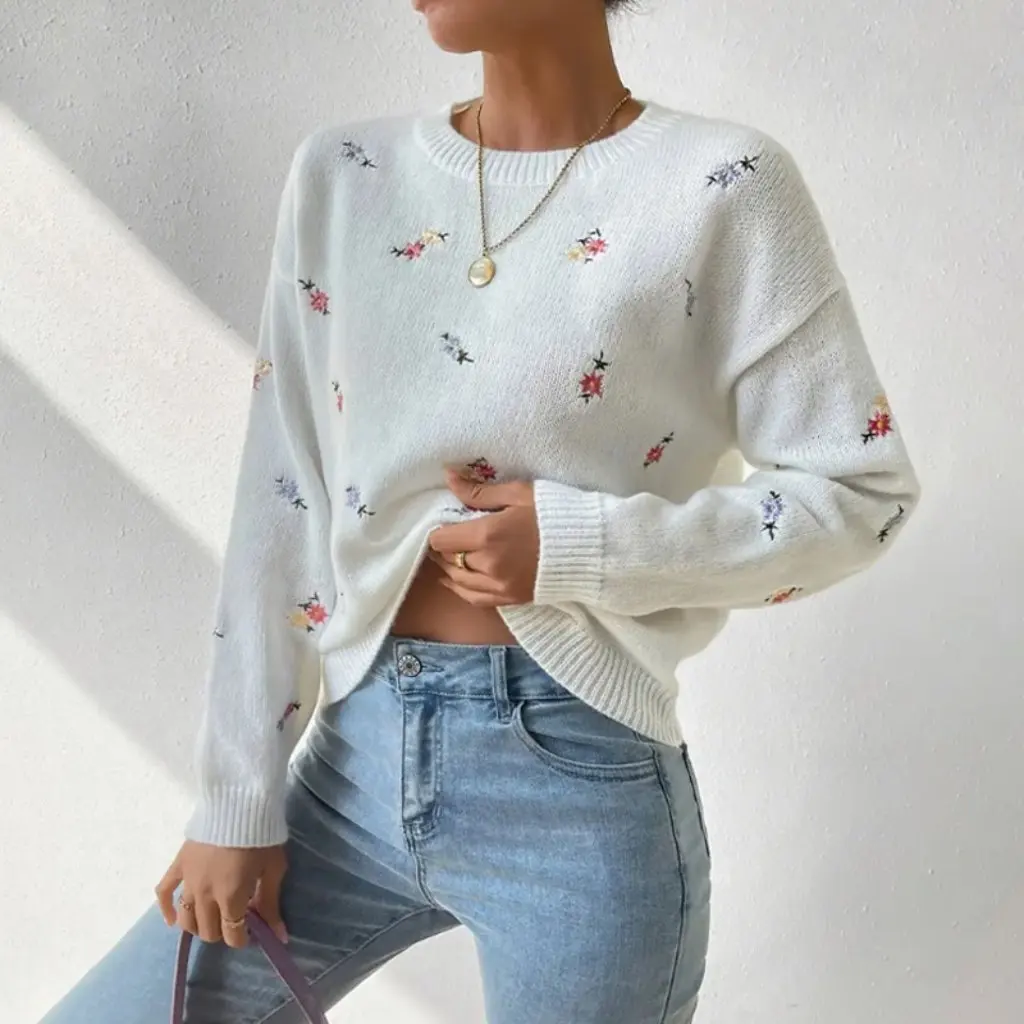 

Women's Elegant Knitted Sweater round Neck Long Sleeve Jacquard Top Autumn Winter Fashion All-match Casual Streetwear