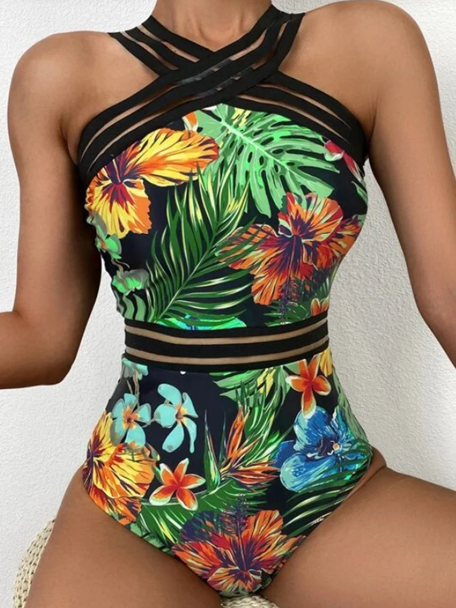 Solid Mesh Tape Swimsuit 2023 One Piece Sexy High Neck Swimwear Women Cross Front Bathing Suit Female Padded Beachwear Bodysuit