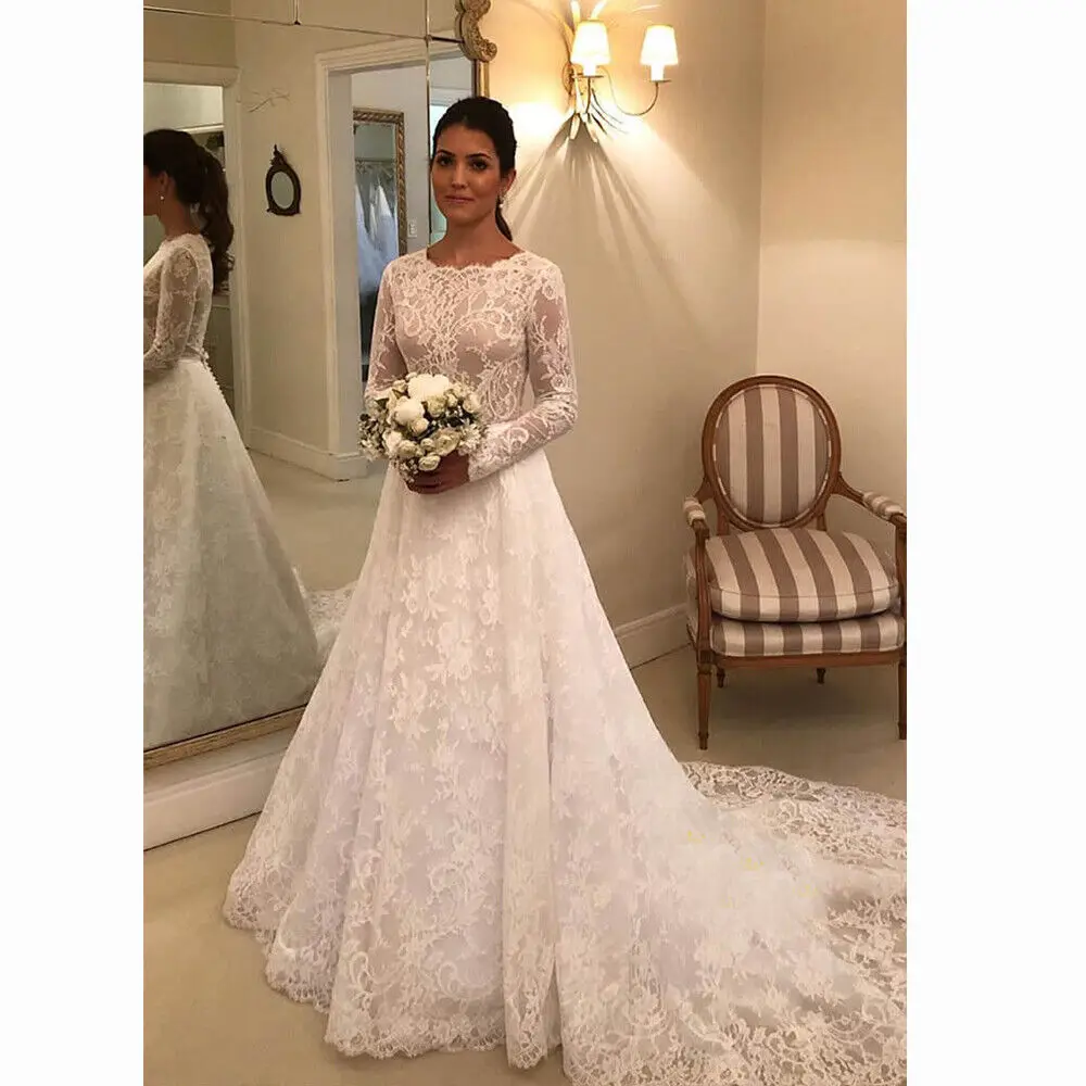 

Elegant O-Neck Lace Court Train A-line Bespoke Wedding Dress