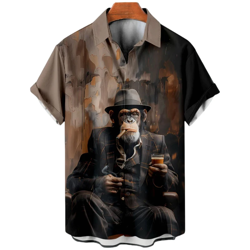 Summer Men\'s Orangutan Printed Shirt Short Sleeve Lapel Shirts Streetwear Animal Graphic Loose Shirts For Men European Size 5XL