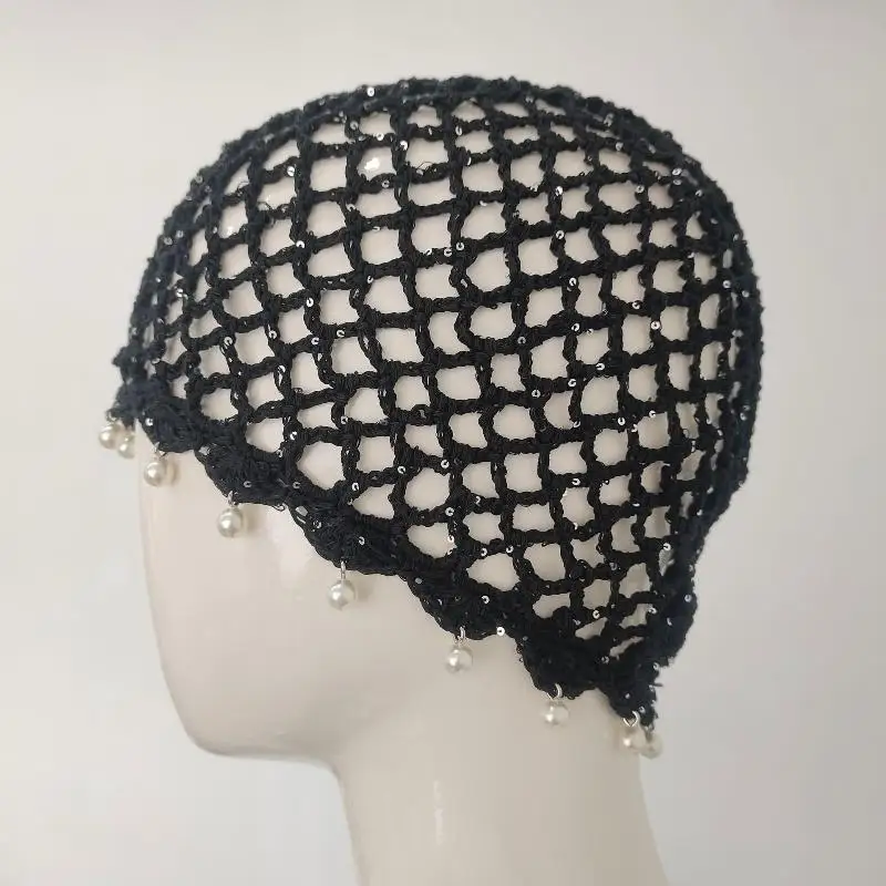 Modische, ausgehöhlte, gewebte Pullover-Mützen, gehäkelte, atmungsaktive Baskenmütze, Perlenfransen-Retro-Beanie-Mütze – Detail 5