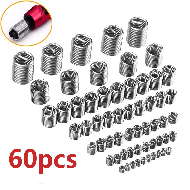 60pcs Fastening Thread Insert Set M3 M4 M5 M6 M8 M10 M12 Stainless Steel Repair Tool Insert Kit Spiral Wire Screw Sleeve Wear