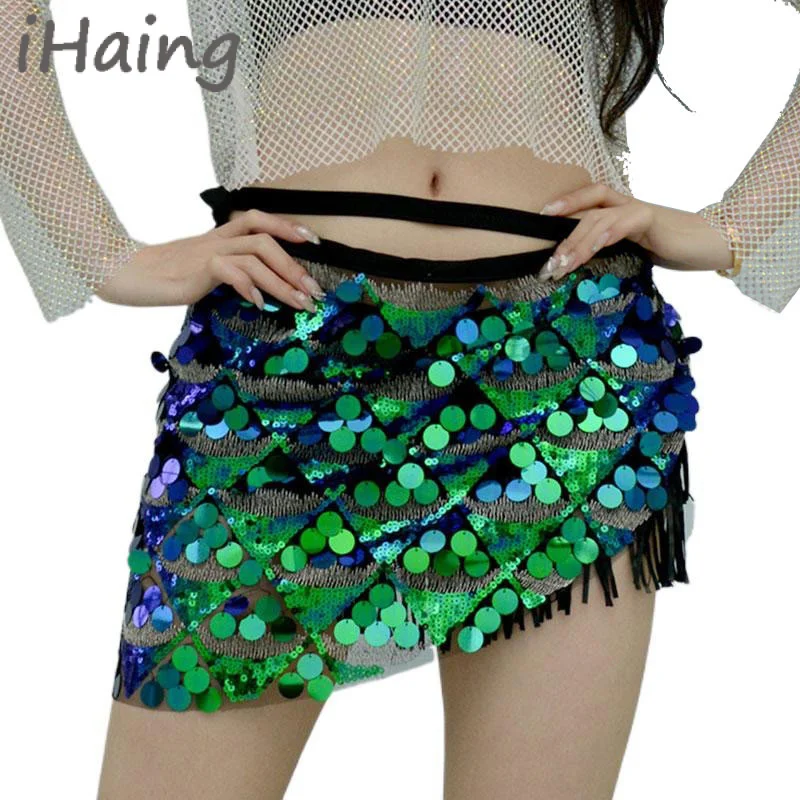 

Women sequin belly dance adjustable strap hip scarf mini skirt shiny skirts for concert party festival rave costume carnival