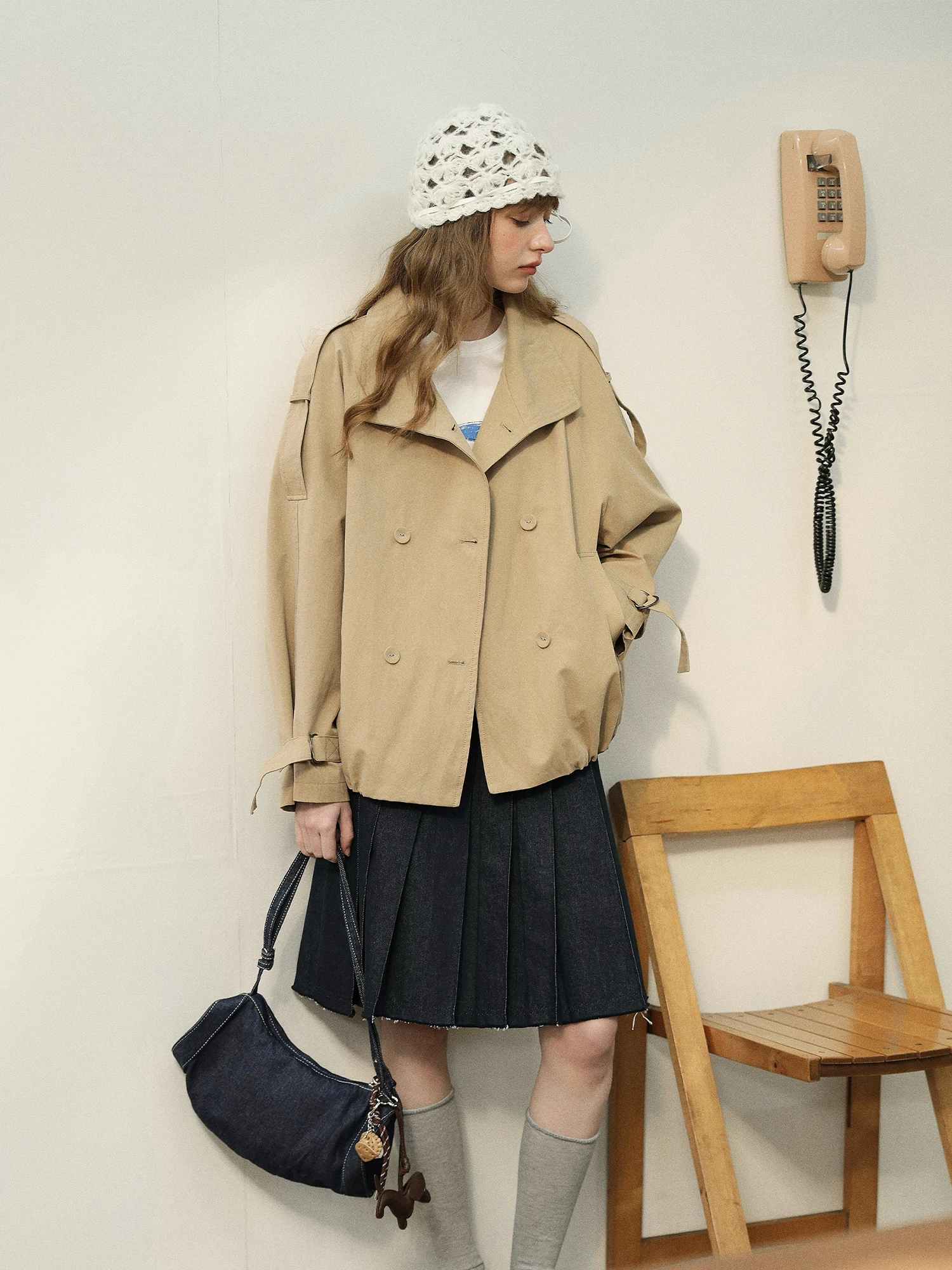 

Enroute ort Nordic Sle Coat Stand Collar Double Row Buttons Pleated Hem American Sle Loose Fit Cotton Women's Outerwear