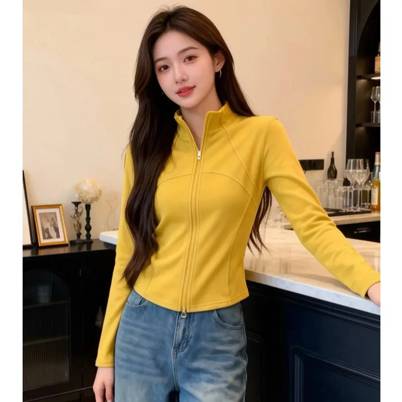 

Women's Casual Long Sleeve Zipper T-Shirt Open Cardigan High Collar Slim Fit Versatile Top for Autumn Winter Daily Home Wear