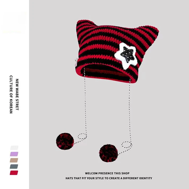 Niedliche Katzenohren-Mütze Winter Gestreifte Koreanische Y2K Punk Gothic Woll-Strickmütze Streetwear Gehäkelte Bucket Cap – Detail 3