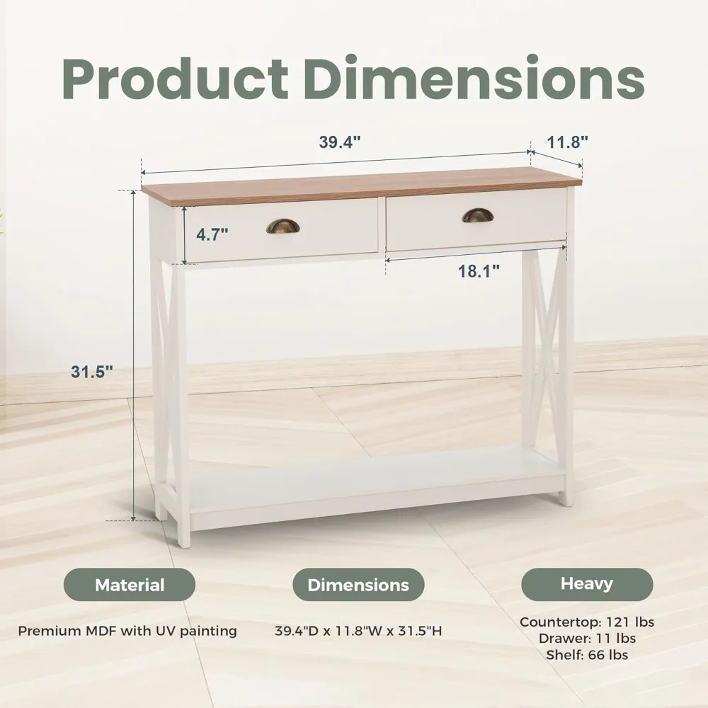 طاولة المدخل، طاولة كونسول ضيقة للمزرعة مع درج لغرفة المعيشة/المدخل، أبيض عاجي