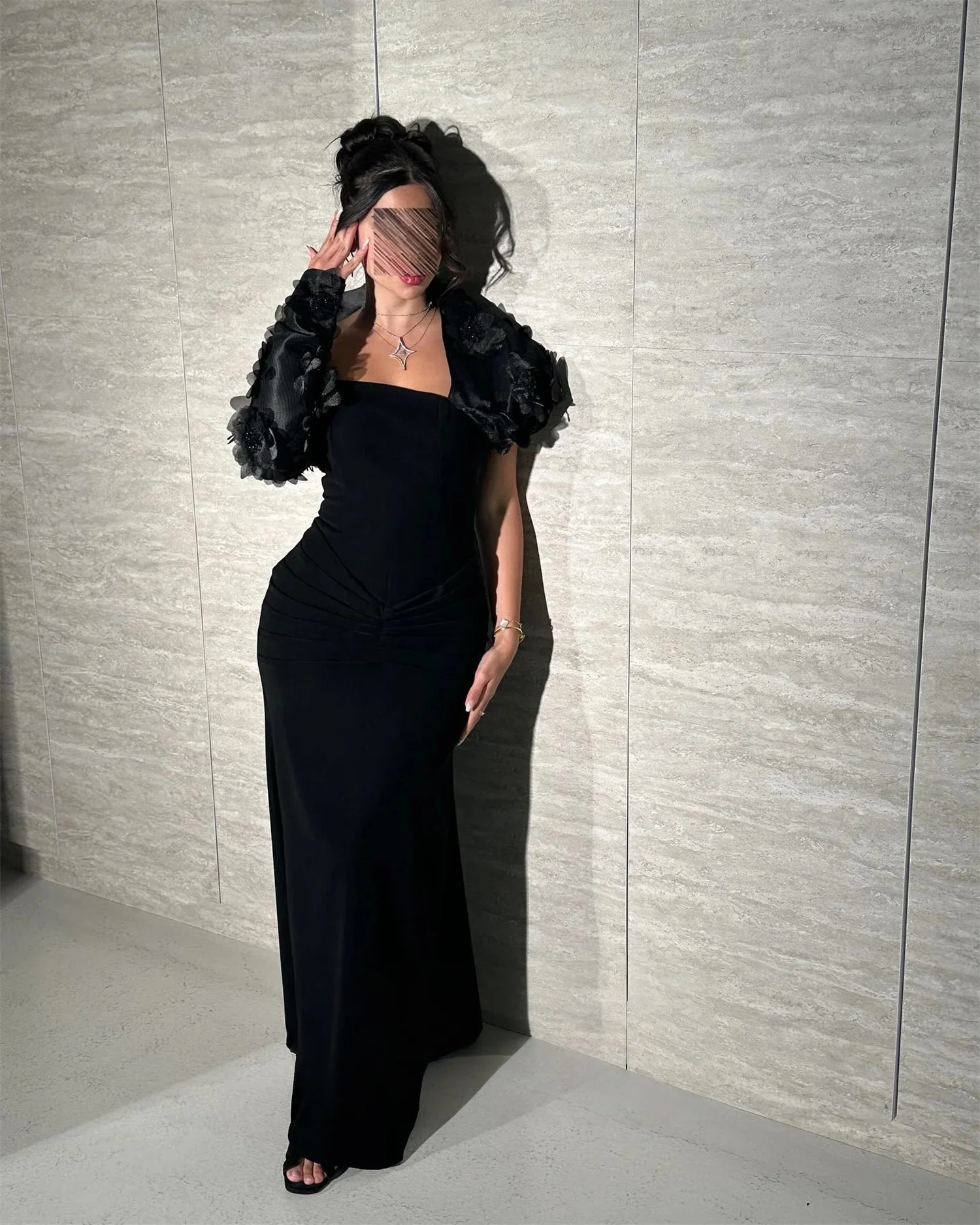 

Black Floral Long Bespoke Occasion Gown Long Evening Dresses Pastrol Unisex Jersey Retro Dubai Saudi Arabic Prom Customized