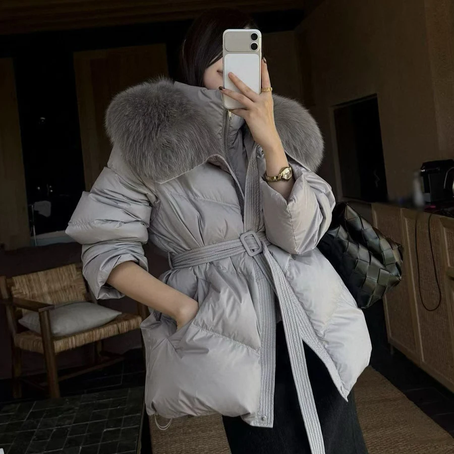 Chaqueta de plumón con piel Natural para mujer, cuello de piel de zorro auténtica, abrigos cortos cálidos de invierno de plumas de ganso, novedades de lujo