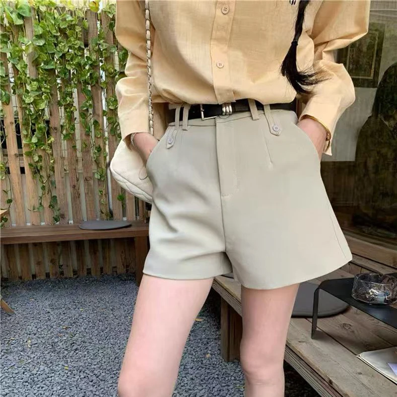 Korean Casual with Belt Suit Shorts for Women High Waist Solid Simple Wide Leg Shorts Summer Office Lady All Match A Line Short