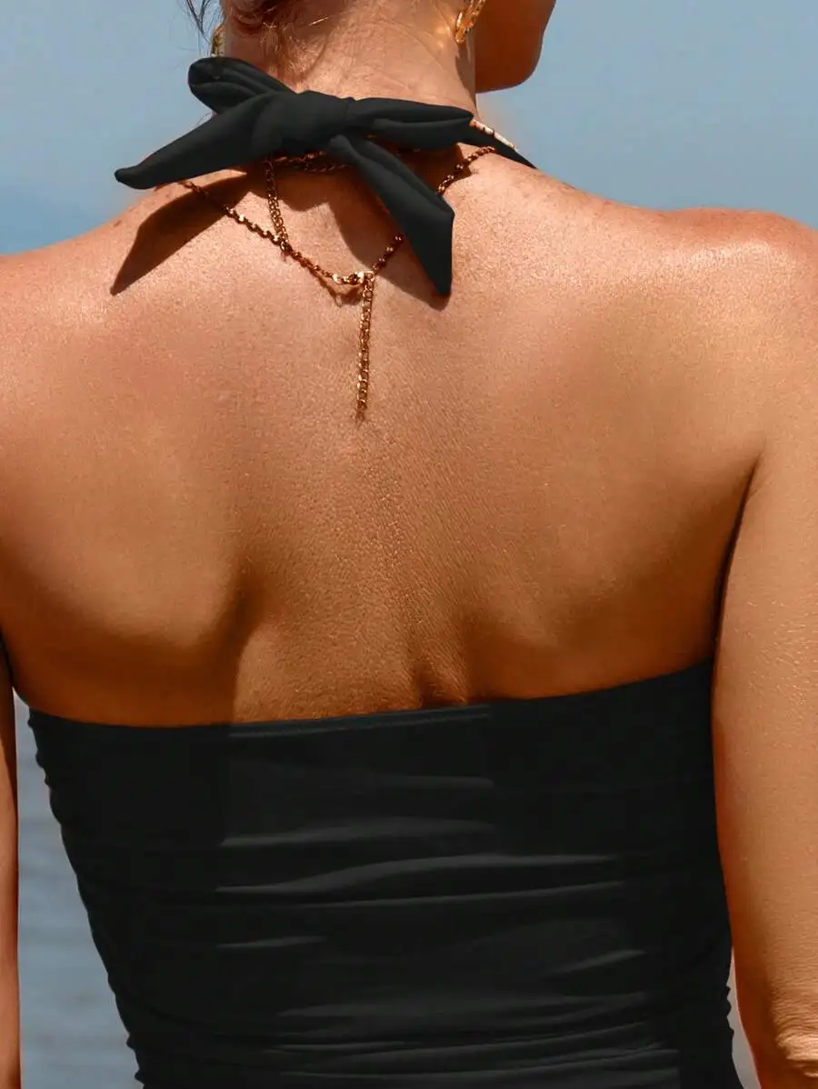 Women Solid Color Halter Beach Swim Dress Summer