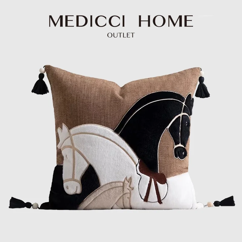 Medicci Home Luxury Handmade Horse Silhouette Appliqued Embroidery Cushion Cover Chic Textural Sofa Pillowcase Holiday Home Deco