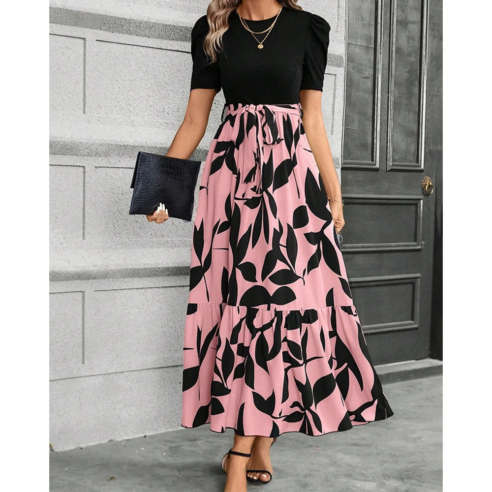 

Leaf Print Elegant Tied Waist Round Neck Puff Sleeve Colorblock Maxi Dress Party Wear