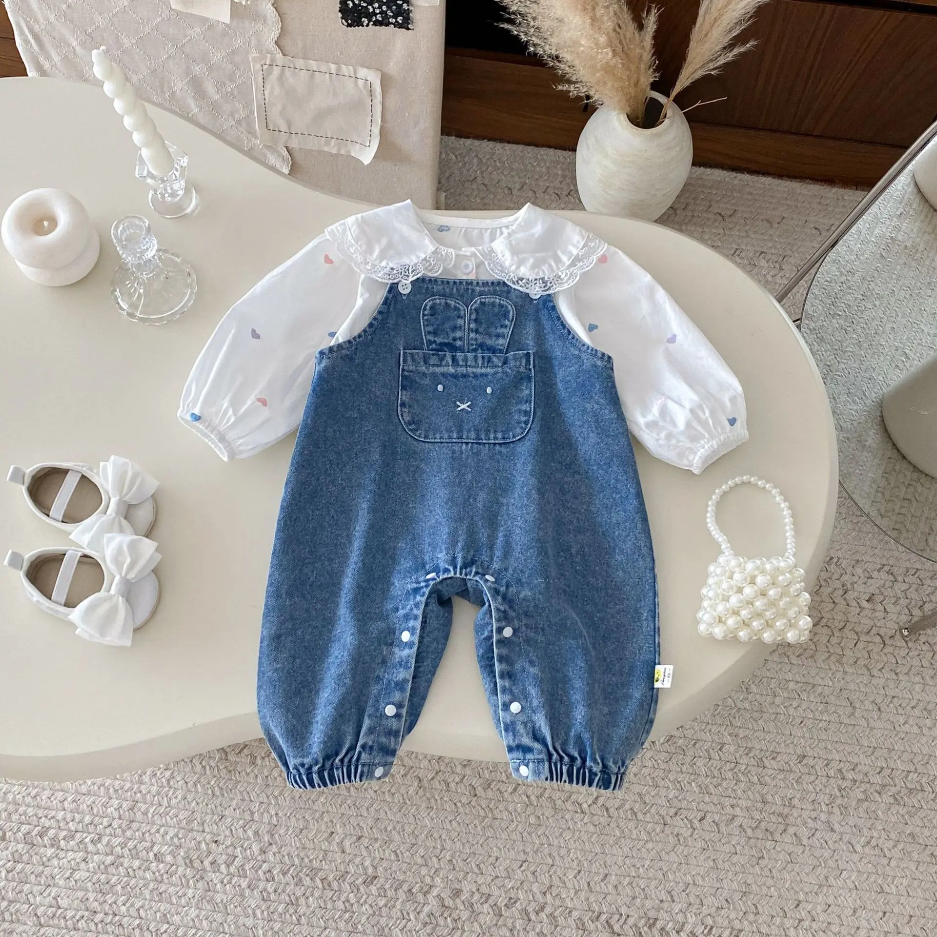 Infant Girl Cute Lapel Shirts + Denim Overalls 2pcs Suit Fashion Toddler Outfits 2025 Autumn New Baby Long Sleeve Clothes Set