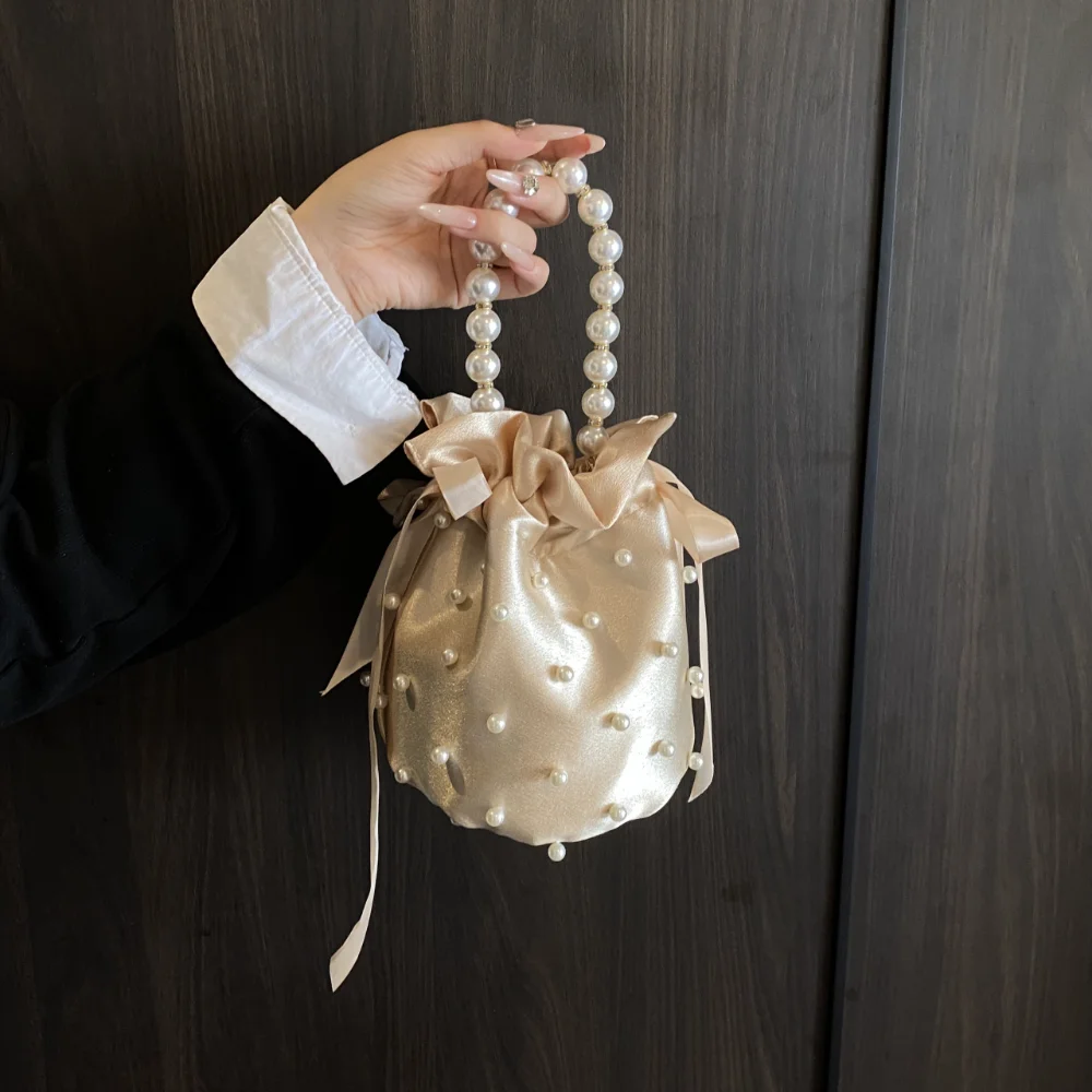 

Elegant Satin Pearl Bucket Bag Luxury Drawstring Handbag with Pearl Handle for Evening & Wedding Party Shoulder Crossbody Bag