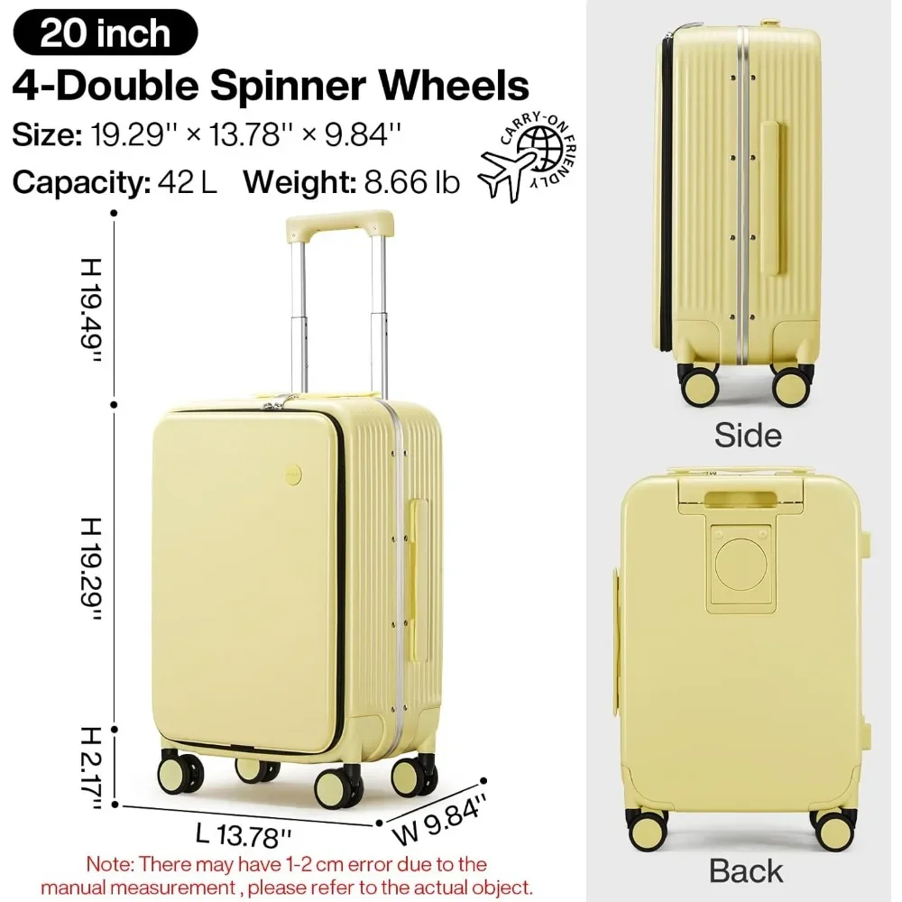 Carry On Luggage with Cup Phone Holder and Charger Hard Shell Suitcases with Spinner Wheels,20 Inch Lark Yellow