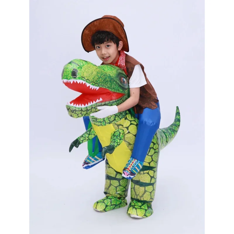 Kids Child T Rex Dinosaur Inflatable Costume Cosplay Cowboy Ride Dinosaur Halloween Purim Inflated Garment Disfraces 3D Print MN