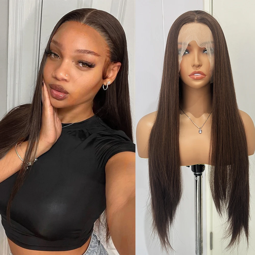 RDY Dark Brown Silk Straight Synthetic Lace Wigs Mix Brown Frontal Lace Wigs For Women Daily Wear Long Straight Wig Cosplay Part