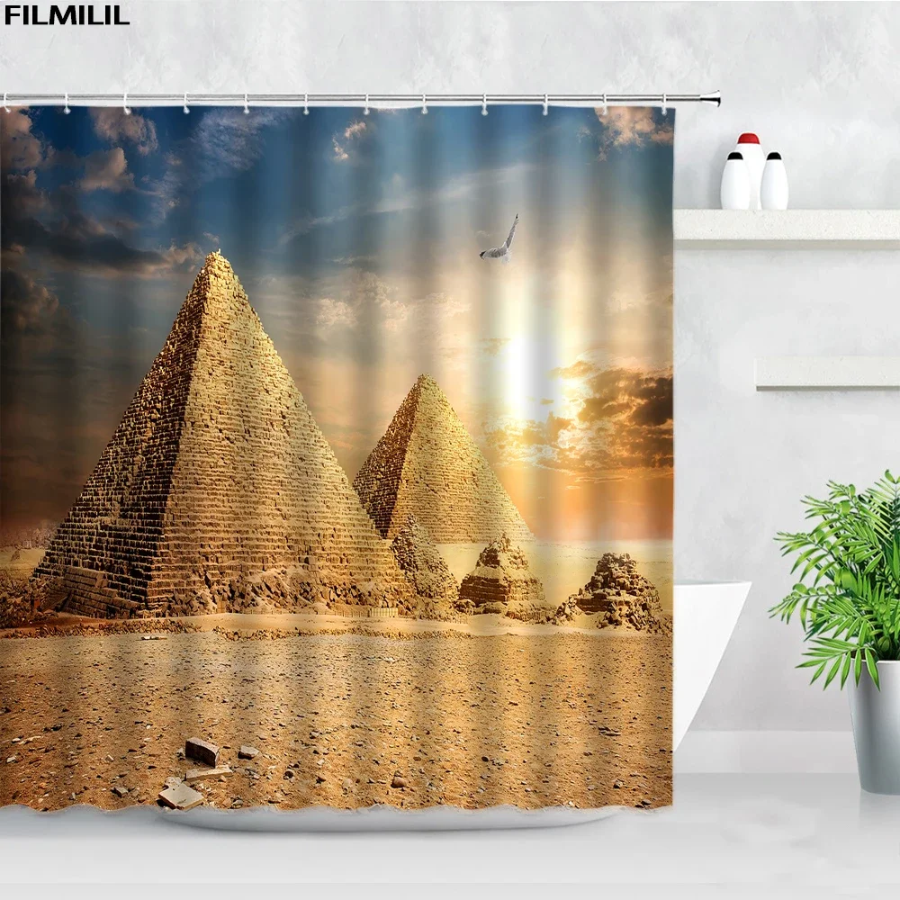 Retro Egyptian Temple Hieroglyphs Shower Curtain Set Vintage Pyramid Camel Home Wall Hanging Fabric Bathroom Decor Bath Curtains