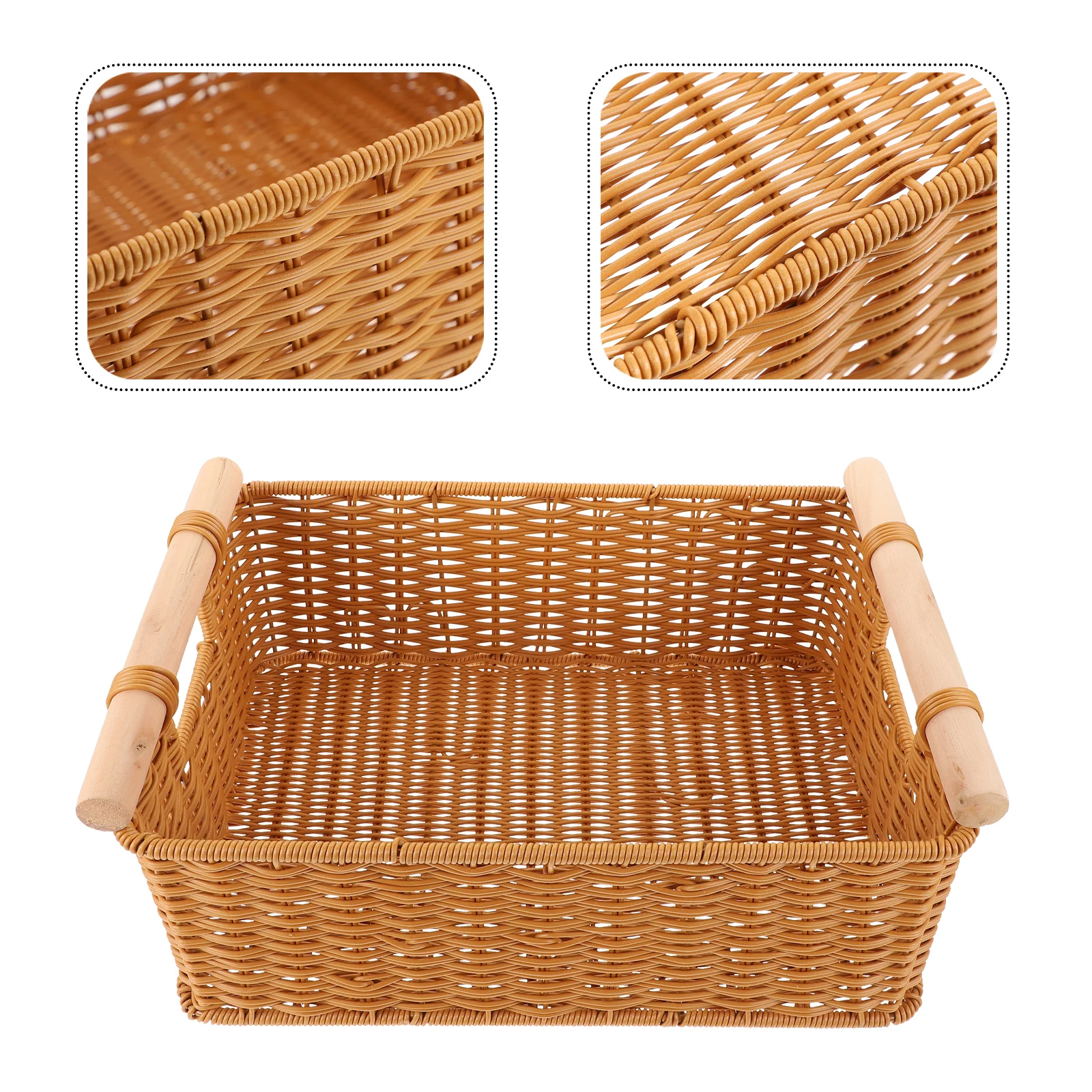 

1pc Large Storage Baskets Plastic Woven Kitchen Bin Picnic Brown Wooden Handles Home Office Safe Environment Portable