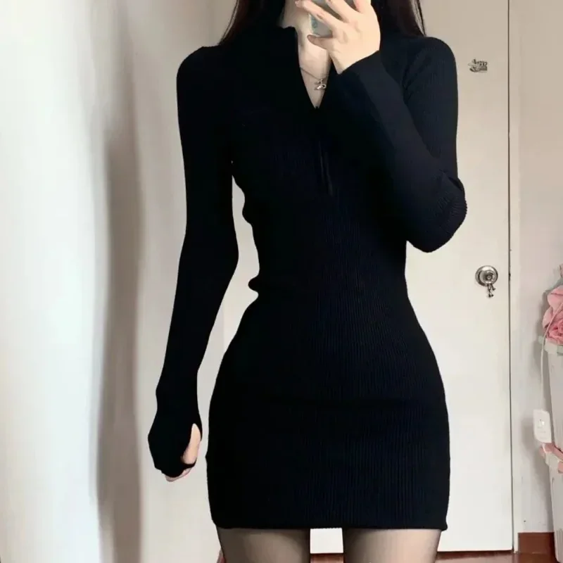 Robe courte au crochet avec col en V pour femme, mini robe, tunique sexy, vêtements audacieux, noir, automne et hiver