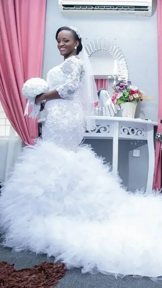 Personalizado luxuoso sereia vestido de noiva vestidos de casamento babados trem tule rendas miçangas feito sob encomenda noiva