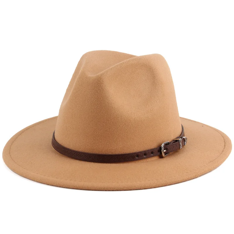 

Autumn And Winter Simple And Stylish Embossed Leather Belt Decorated Felt-like Woolen Hat For Men And Women, Polyester Hat